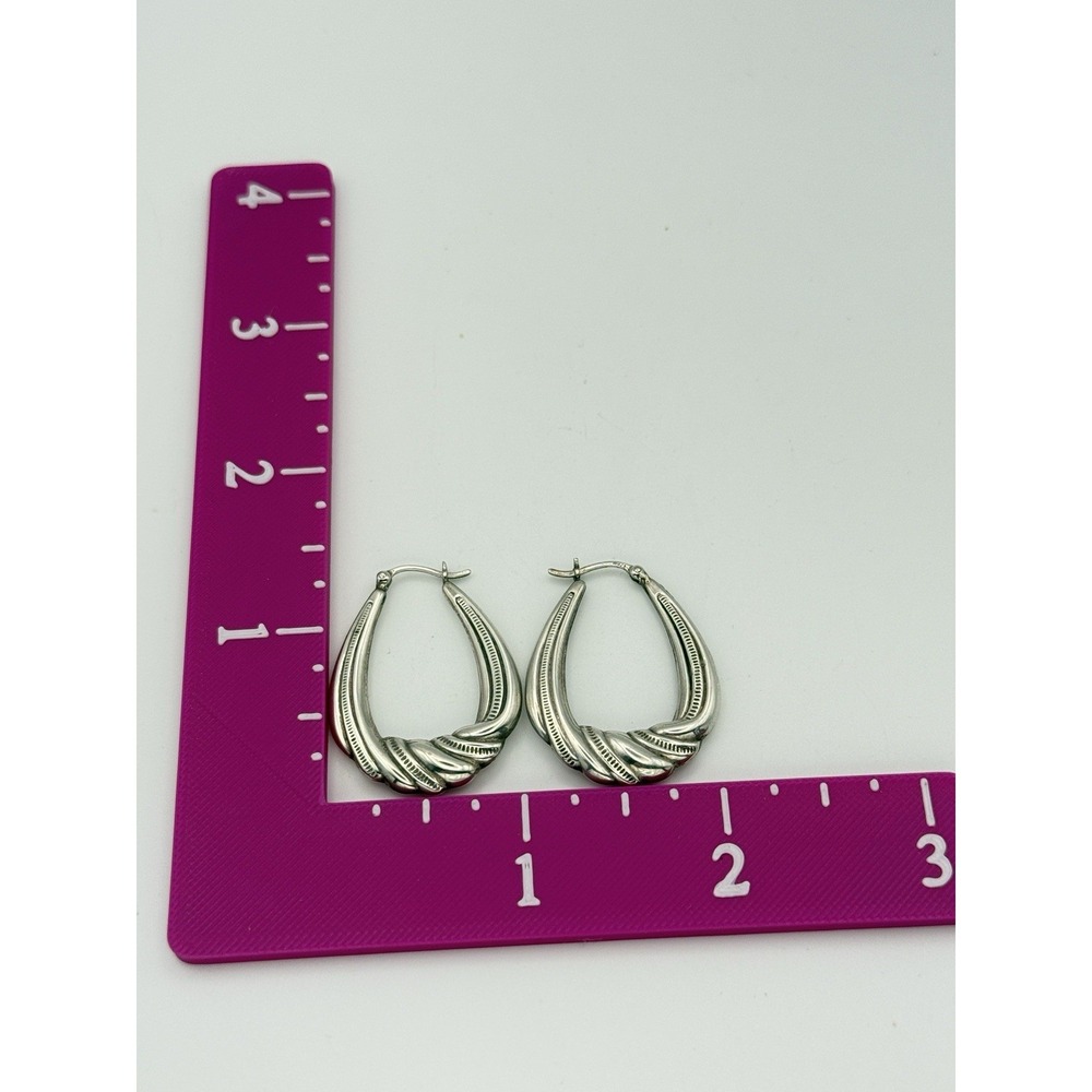 925 Sterling Silver Twisted Hoop Earrings Teardrop Ribbed Latch Back - Picture 4 of 8
